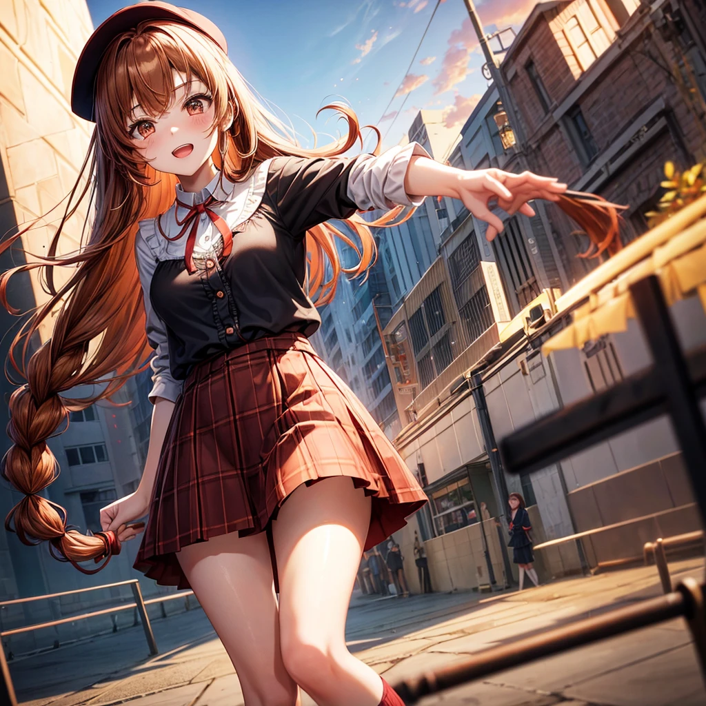 Red, brown, golden hair、Golden Eyes、Braid、One good looking girl、solo、anime、Checkered mini skirt、Ruffles on the skirt、camisole、Lightweight cardigan、Black knee-high socks、Wearing a baseball cap、Wearing a ribbon、Ribbon on waist、Tilting face、Teeth are visible、Sunset sky、There&#39;s a hole in the clouds、Contrail、Cumulonimbus、Silver coin necklace、shine、From above、bell、torii、clock tower、Desert Oasis、water is gushing out、Sparks are flying、High five
