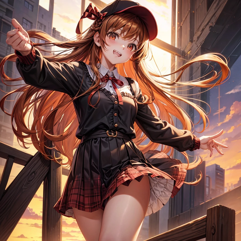 Red, brown, golden hair、Golden Eyes、Braid、One good looking girl、solo、anime、Checkered mini skirt、Ruffles on the skirt、camisole、Lightweight cardigan、Black knee-high socks、Wearing a baseball cap、Wearing a ribbon、Ribbon on waist、Tilting face、Teeth are visible、Sunset sky、There&#39;s a hole in the clouds、Contrail、Cumulonimbus、Silver coin necklace、shine、From above、bell、torii、clock tower、Desert Oasis、water is gushing out、Sparks are flying、High five