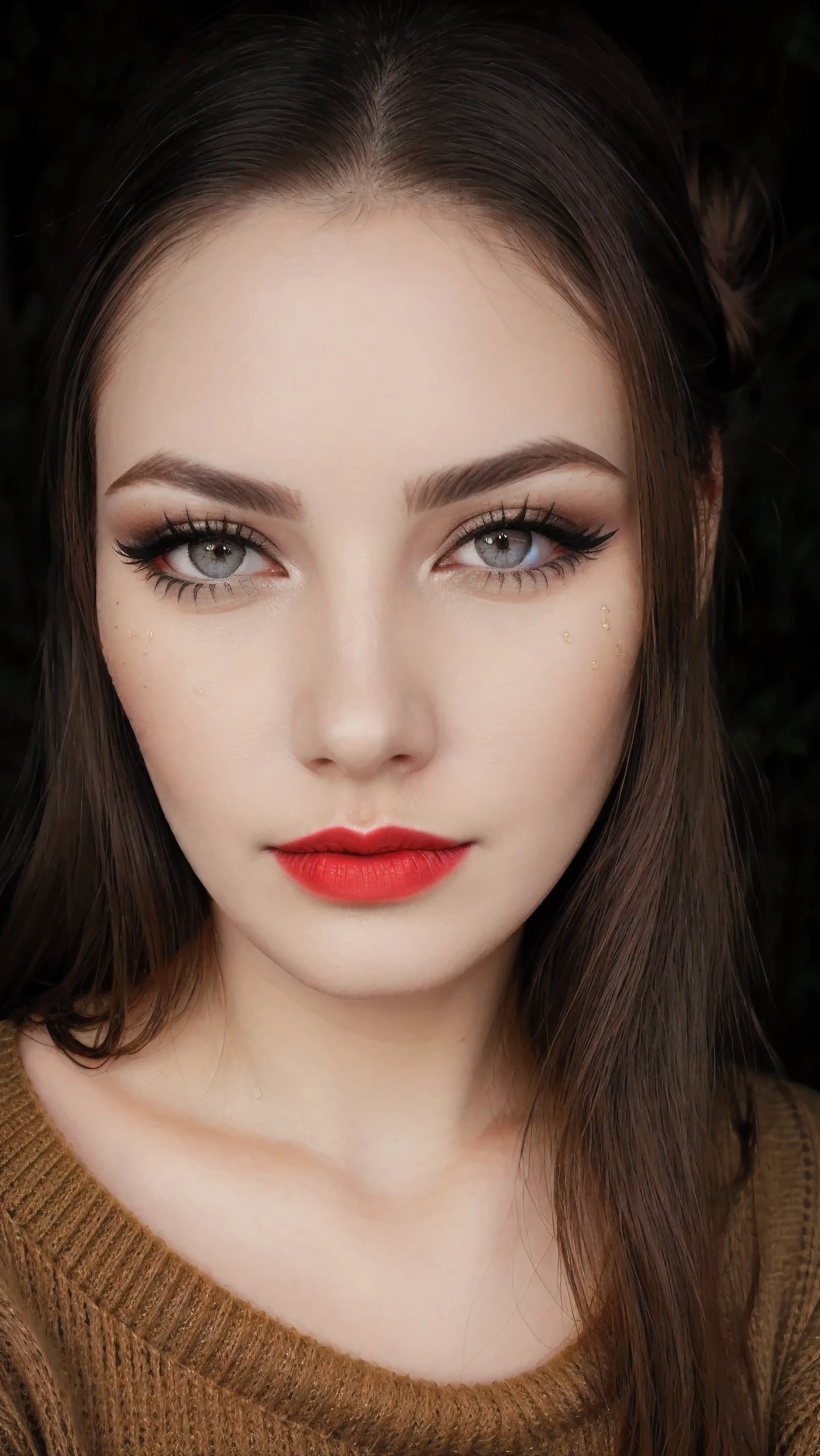 photo of a woman, sunshine,(serious), ((turltneck sweater):1.2), ((hair up, hair in bun, dark brown hair)), ((outdoors, rain):1.1), ((closeup, portrait)), ((red lipstick, makeup)), ((best quality, masterpiece, extreme details, high resolution):1.2),((detailed eyes, beautiful eyes, detailed face, beautiful face):1.2)
