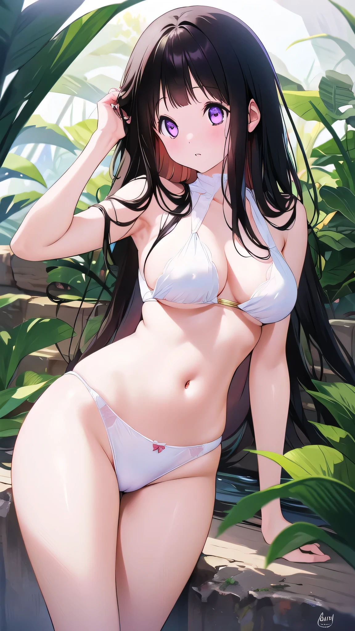 Beautiful Chitanda，There is only one beautiful girl，Purple Eyes, Black Hair, Natural straight hair, Straight bangs，Extremely refined，open your lips，Face is so red，Very white skin，Skin as delicate as porcelain，Glowing skin，big eyes，Flowing long hair，beautiful girl, Like a dream，Slim，Slim waist，Soft, (Sensual), (Kawaii), Dream quality，In the rainforest，Show your armpits，Sweaty and sweaty，Profile，Side breasts，Underwear Rain，Completely naked，Gluteal groove，Completely naked back，nacked hip，Bare belly，very close，Deep V neckline，Loose neckline，Beautiful big breasts，No pants，Delicate clavicle，Delicate hands and feet，Bare neck，There is no decoration on the neck，Bare thighs，Exposing the groin，Camel toe，extremely shy，Ultra-high resolution, (masterpiece:1.2, best quality), (Delicate and beautiful eyes: 1.2), (Beautiful and delicate face)