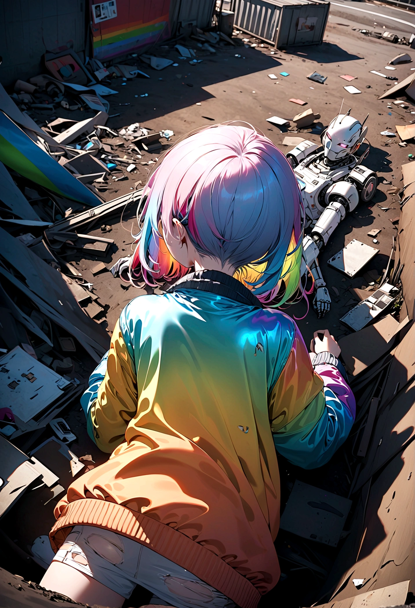 A dilapidated girl robot in a landfill, (Back View), damaged body, scars and holes, lying on the ground, 8K, (dynamic perspective), clear focus, (depth of field, shot: 1.3), super punk scene, movie lighting, reflective transparent rainbow opaque jacket, transparent long rainbow RGB hair, (masterpiece, best quality), from above,