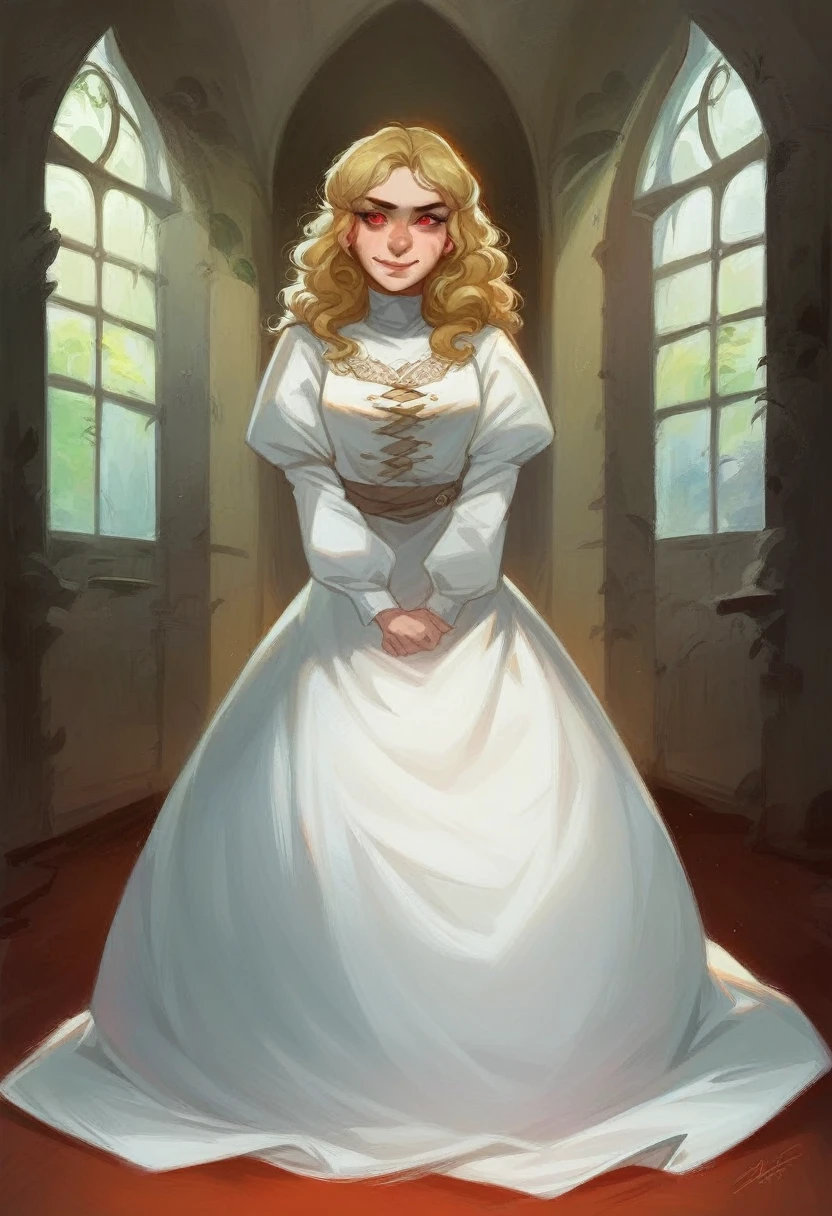 score_9, score_8_up, score_7_up,A photorealistic portrait of a 29-year-old European girl with long sultry light dark blonde wavy hair and piercing red eyes, and full but natural lips. Oval shaped face but nice defined cheek bones. Wearing adorned white medieval dress. She should have a natural, approachable expression such as a smile and be illuminated by soft,moonlight. The background should be a scenic indoors setting, inside a castle. Capture this image with a high-resolution photograph using an 85mm lens for a flattering perspective." full body shot. vampiric