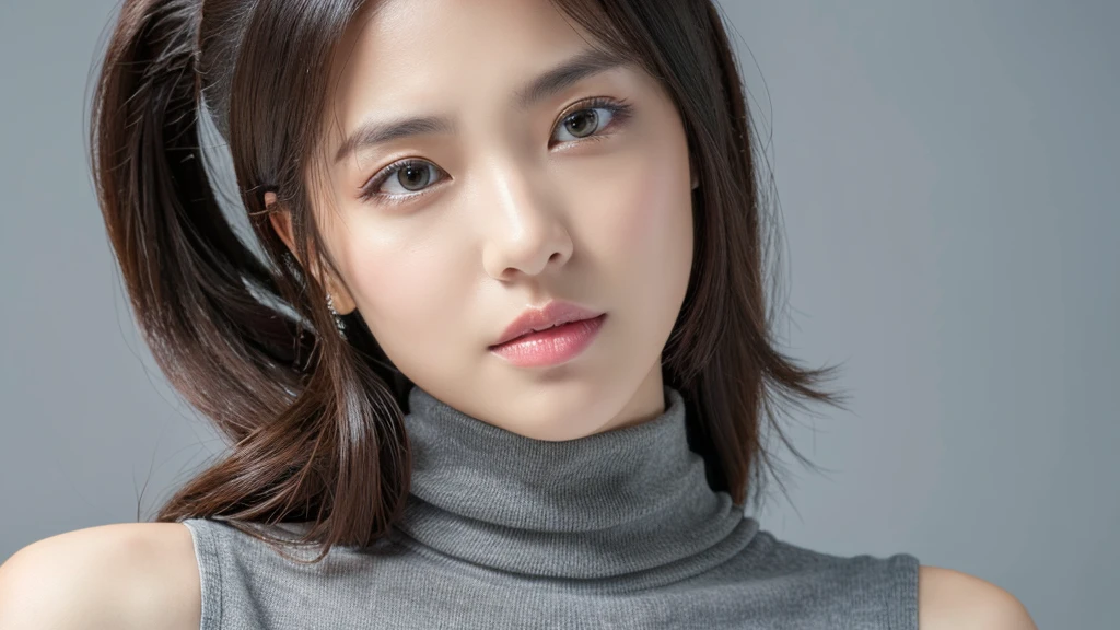 (detailed face),VIVID,breasts,pretty,sleeveless and turtle neck white silky clothes,4k ,super high resolution ,(photo-realistic: 1.7),gray background,