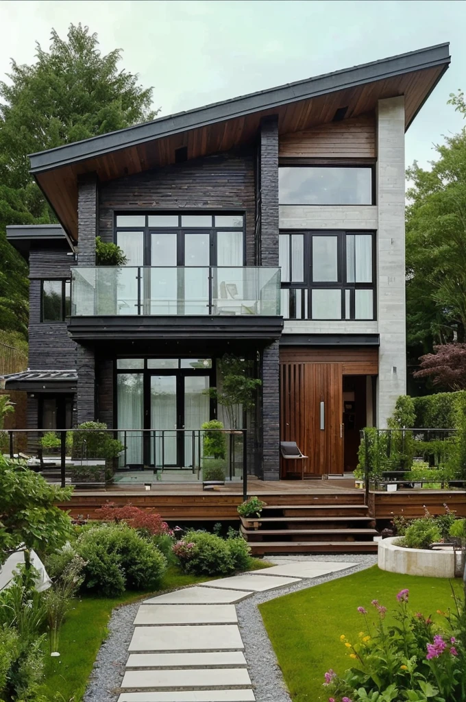 arafed house with a walkway and a garden in front of it, modern house in the wood, beatiful house, exterior design, modern house, rich house, contemporary house, urban house, modern style, in style of ultra realistic, beautifully detailed, arhitectural shot, beautiful architecture, large modern residence, stunning architecture, vivid and detailed