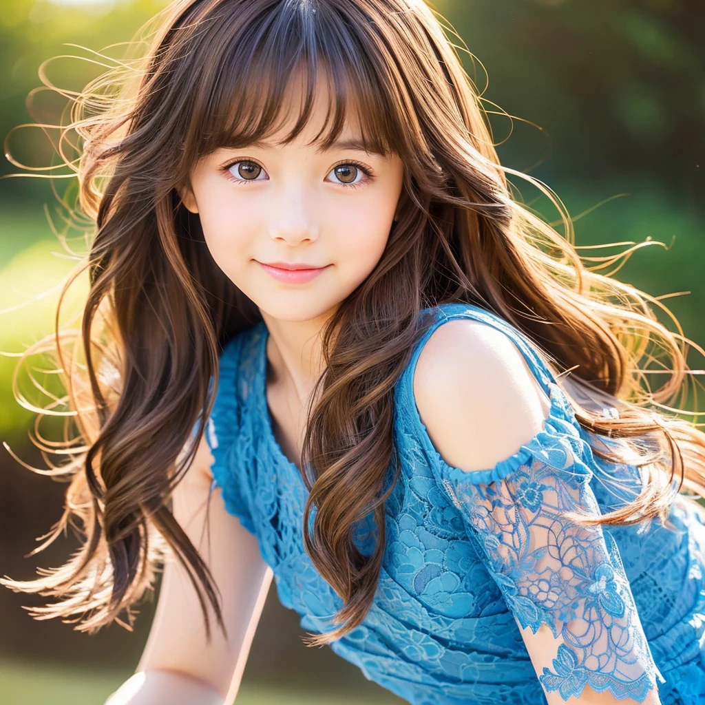 Create an anime-style portrait of a young girl with vibrant, multi-colored hair that transitions from brown. The girl's hair should flow naturally, and she should have large, expressive brown eyes. Her expression should be soft and gentle, with a warm and kind smile. The background should be a blend of warm and cool colors, complementing the girl's hair. She should be wearing a Blue lace dress with intricate details, adding a touch of elegance to her appearance. The overall mood of the artwork should be cheerful and inviting, capturing the girl's gentle and friendly demeanor.