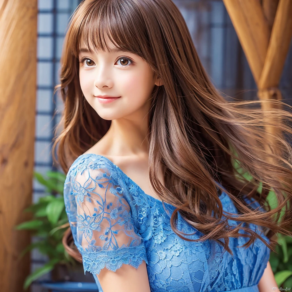Create an anime-style portrait of a young girl with vibrant, multi-colored hair that transitions from brown. The girl's hair should flow naturally, and she should have large, expressive brown eyes. Her expression should be soft and gentle, with a warm and kind smile. The background should be a blend of warm and cool colors, complementing the girl's hair. She should be wearing a Blue lace dress with intricate details, adding a touch of elegance to her appearance. The overall mood of the artwork should be cheerful and inviting, capturing the girl's gentle and friendly demeanor.