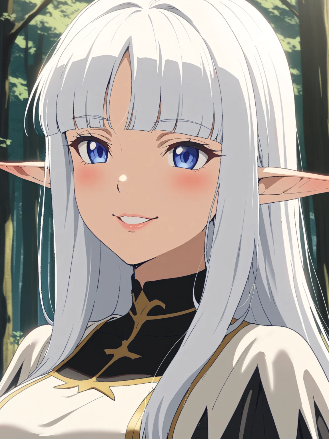 {{portrait, face focus}} {{Artist: Sincos}} 1 woman, solo, mature female, elf elegant, princess, pointy ears, blue eyes, long hair, straight hair, white hair, blunt bangs, lips, large breasts, happy, white tabard, gold trim, black collar, black undershirt, outdoors, forest, dappled sunlight, medieval fantasy.

