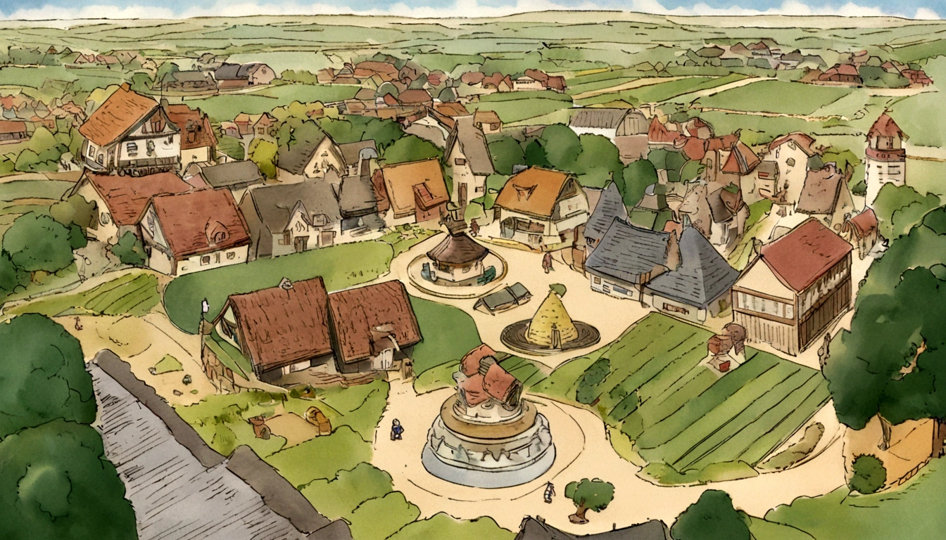 Background with, Village of Evil Horse Tai Country,4 houses in the village,In the style of quiet rural landscape, Animated color photos, Akira Toriyama, Dragon quest,Dragon Quest Walk