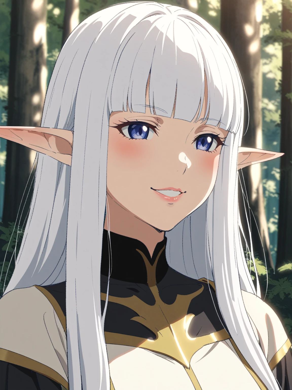 {{portrait, face focus}} {{Artist: Sincos}} 1 woman, solo, mature female, elf elegant, princess, pointy ears, blue eyes, long hair, straight hair, white hair, blunt bangs, lips, large breasts, happy, white tabard, gold trim, black collar, black undershirt, outdoors, forest, dappled sunlight, medieval fantasy.
