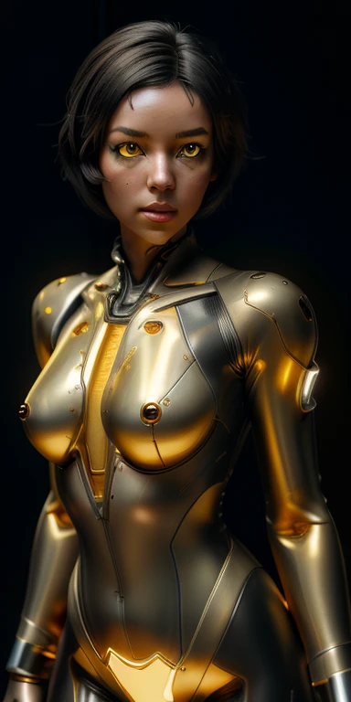1 girl, solo, (look at viewer), ((Best quality)), ((masterpiece)), (detailed:1.4), ((upper body)), 3D, an image of a beautiful cyberpunk female,HDR (High Dynamic Range), Ray Tracing,NVIDIA RTX,Super-Resolution,Unreal 5,Subsurface scattering,PBR Texturing,Post-processing,Anisotropic Filtering,Depth-of-field,Maximum clarity and sharpness,Multi-layered textures,Albedo and Specular maps,Surface shading,Accurate simulation of light-material interaction,Perfect proportions,Octane Render,Two-tone lighting,Wide aperture,Low ISO,White balance,Rule of thirds,8K RAW, (((yellow eyes))), (((liquid metal black short hair))), AlexTS, (dark skin:1.2), yellow eyes, black hair, short hair, medium breasts, yellow bodysuit, belt, (( gold amor))
