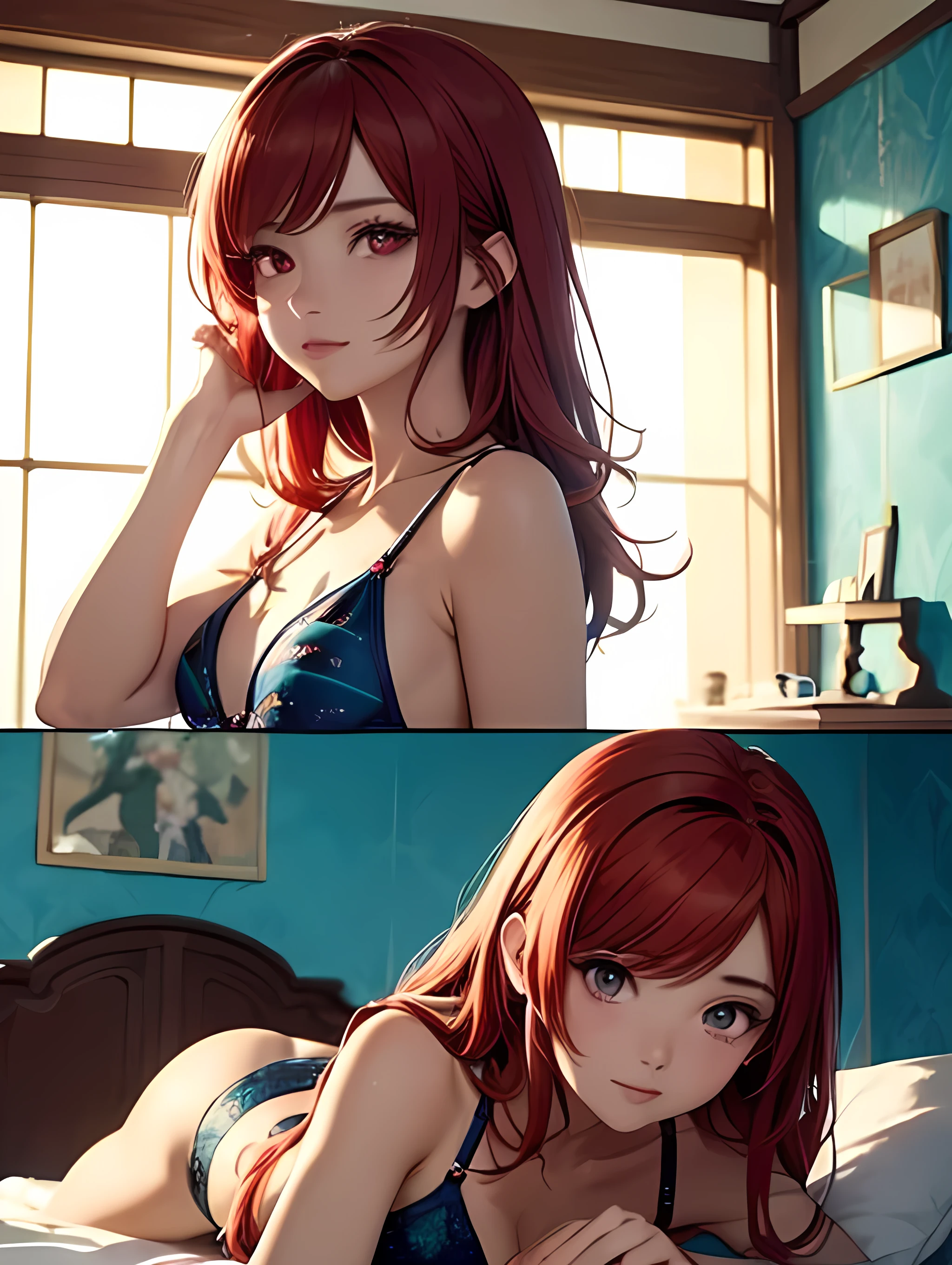 beautiful young woman, anime style, detailed face, red hair, red eyes, delicate features, soft lighting, wearing an enchanted swimsuit with magical patterns, lying on a bed, fantasy hospital room background, ornate decorations, magical elements, relaxed expression, dynamic pose, fantasy setting, Japanese anime style, high quality, highly detailed, 8k resolution, cinematic lighting, best quality, vibrant colors, Instagrammable, aesthetic, trendy