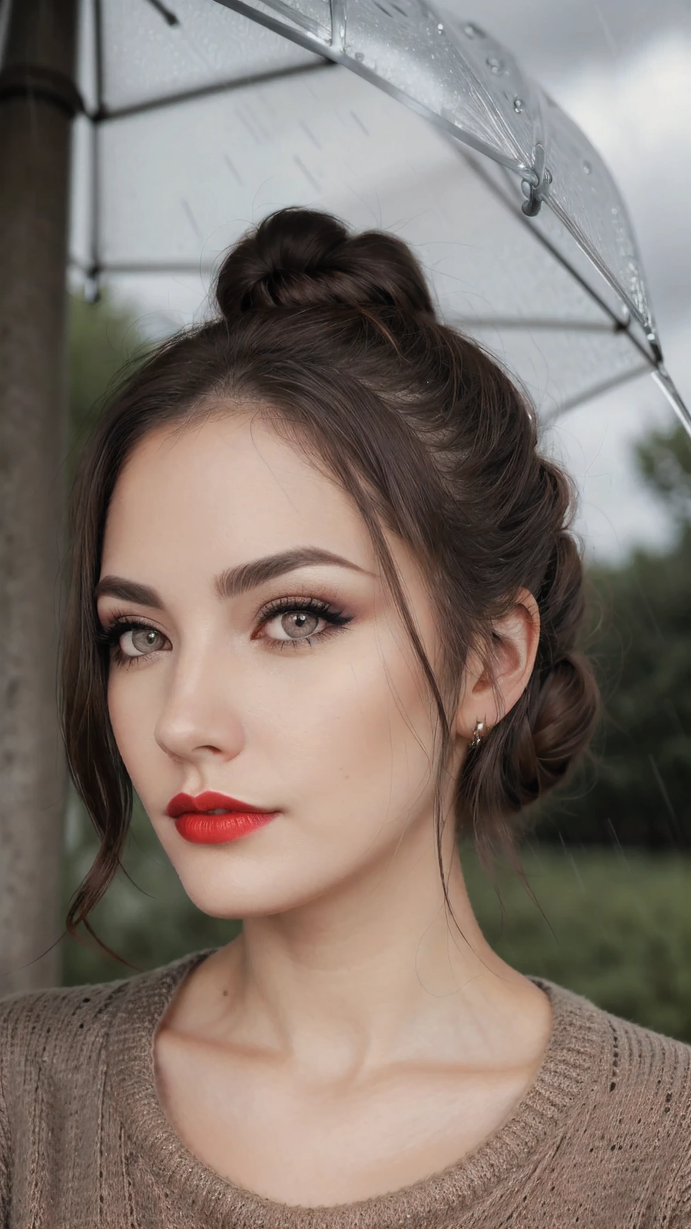 photo of a woman, sunshine,(serious), ((turltneck sweater):1.2), ((hair up, hair in bun, dark brown hair)), ((outdoors, rain):1.1), ((closeup, portrait)), ((red lipstick, makeup)), ((best quality, masterpiece, extreme details, high resolution):1.2),((detailed eyes, beautiful eyes, detailed face, beautiful face):1.2)