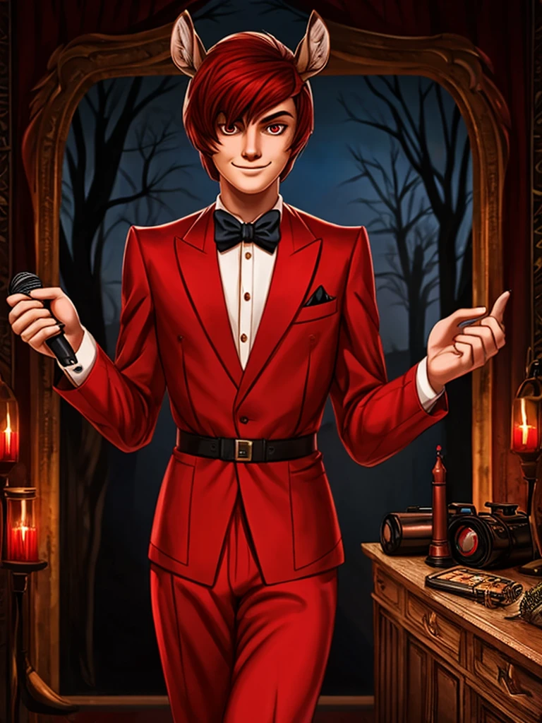  (best quality, masterpiece:1), solo, furry male, androgynous, anthro, read eyes, short hair, red hair, bob haircut, portrait, looking at viewer, deer,  creepy, scary, powerful, spooky, deer, male, face focus, thin body, thin waist, large shoulders, red suit, bow tie, red color scheme, hell, demon, radios, 1930's, 1930's style, 1930's style outfit, holding a red old microphone, (smile), (large smile), full body, karen haircut, graduated bob haircut, longer hair in the front shorter in the back, human face, realistic fur, male, man, masculine, fully clothed, elegant, red tailcoat jacket