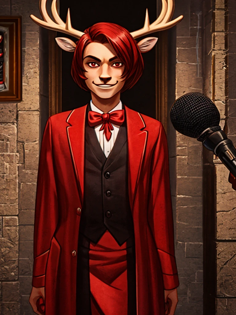  (best quality, masterpiece:1), solo, furry male, androgynous, anthro, read eyes, short hair, red hair, bob haircut, portrait, looking at viewer, deer,  creepy, scary, powerful, spooky, deer, male, face focus, thin body, thin waist, large shoulders, red suit, bow tie, red color scheme, hell, demon, radios, 1930's, 1930's style, 1930's style outfit, holding a red old microphone, (smile), (large smile), full body, karen haircut, graduated bob haircut, longer hair in the front shorter in the back, human face, realistic fur, male, man, masculine, fully clothed, elegant, red tailcoat jacket