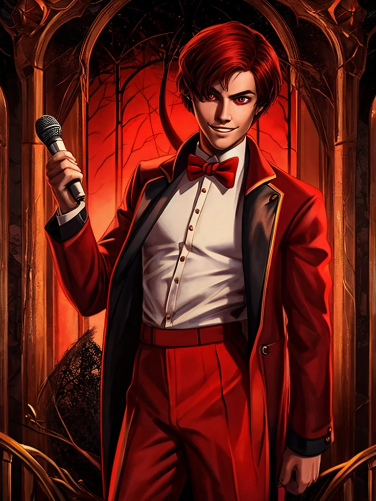  (best quality, masterpiece:1), solo, furry male, androgynous, anthro, read eyes, short hair, red hair, bob haircut, portrait, looking at viewer, deer,  creepy, scary, powerful, spooky, deer, male, face focus, thin body, thin waist, large shoulders, red suit, bow tie, red color scheme, hell, demon, radios, 1930's, 1930's style, 1930's style outfit, holding a red old microphone, (smile), (large smile), full body, karen haircut, graduated bob haircut, longer hair in the front shorter in the back, human face, realistic fur, male, man, masculine, fully clothed, elegant, red tailcoat jacket