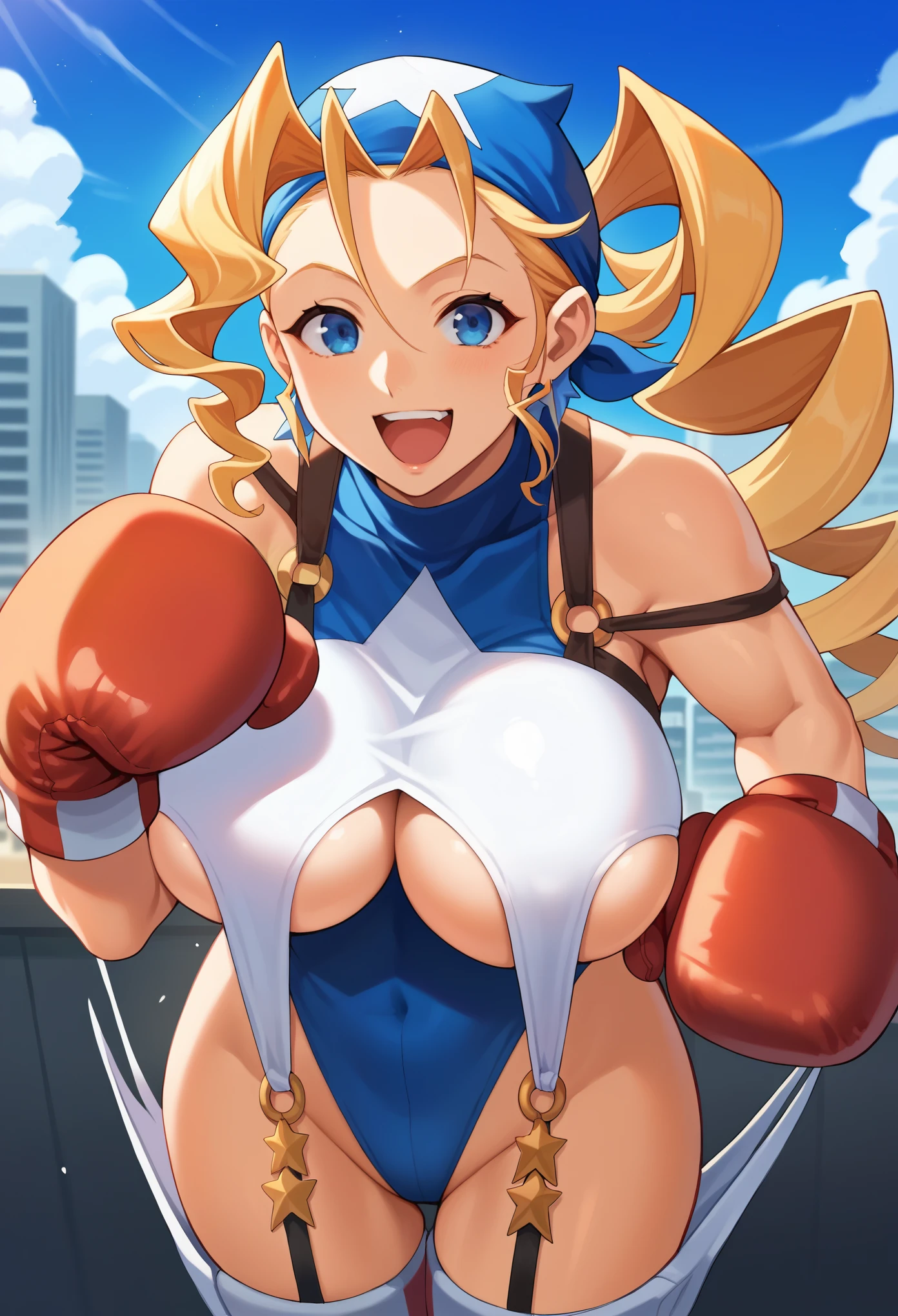 score_9, score_8_up, score_7_up, score_6_up, source_anime, BREAK 1girl, solo, defTiffany, blonde hair, bandana, white and blue leotard, boxing gloves, striped thighhighs, huge breasts, fighting stance, happy, open mouth, city, blue sky, upper body, looking at you