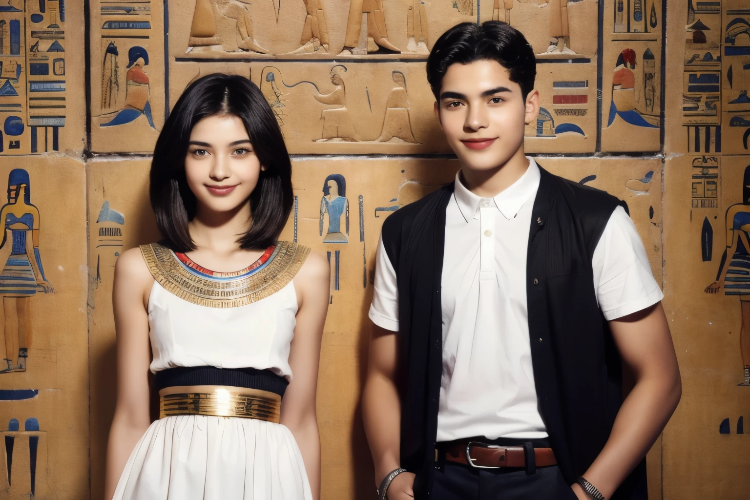 244 (An 18-year-old female and an 18-year-old male), short hair,kind, lipstick, Egyptian civilization, Waist belt, Hieroglyphics, smile