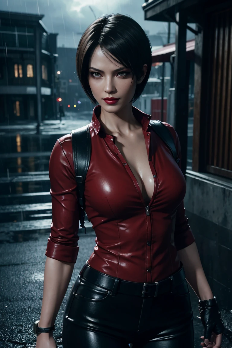 Resident Evil 6,Ada,Short Hair,Red Shirt,Stand up your collar,Black Leather Pants,Photorealistic,Ultra HD,high quality,masterpiece,Digital SLR,Detailed details,Intricate details,Anatomical basis,Depicted in detail,A detailed face,Realistic skin texture,Vivid details,Perfect Anatomy,Perfect Anatomy,Anatomically correct hand,Anatomically correct fingers,Super Detail,Complex 3D rendering,Sexy pose,Rainy Sky,Beautiful scenery,Fantastic rainy sky,Picturesque,Red Lip,smile,