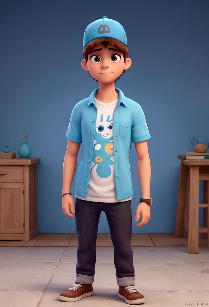 Necesito un DIBUJO ANIMADO de un joven con gorra y camisa celeste con un overol azul que tenga pechera CARGANDO un garrafon redondo celeste sobre el hombro mientras lo sostiene con su mano derecha y lo apoya en su hombro