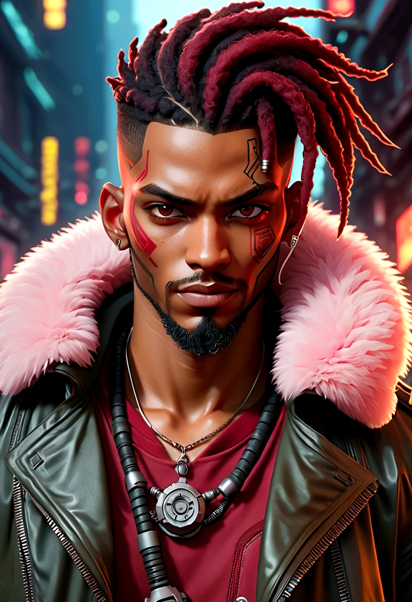 (Best quality, masterpiece, anime style, full of details), 1male, official anime art illustration, African American Male with dark brown eyes, a cartoon of a man with a mask on his face, ((red)) baggy eyes  black and red dreadlocks, he wearing a red shirt and leather cyberpunk jacket with fur collar, semi-realistic cyberpunk style, portrait of a cyberpunk man, cyberpunk art ultrarealistic 8k, cyberpunk style ， hyperrealistic, cyberpunk character, trendin on artstation, cinematic full character, trending on artstation 4k, portrait of a cyberpunk cyborg, cinematic realistic portrait, cyberpunk hero perfectly photorealistic, incredibly detailed, 8k, UHD, masterpiece, best quality, ultra detailed, intricate,