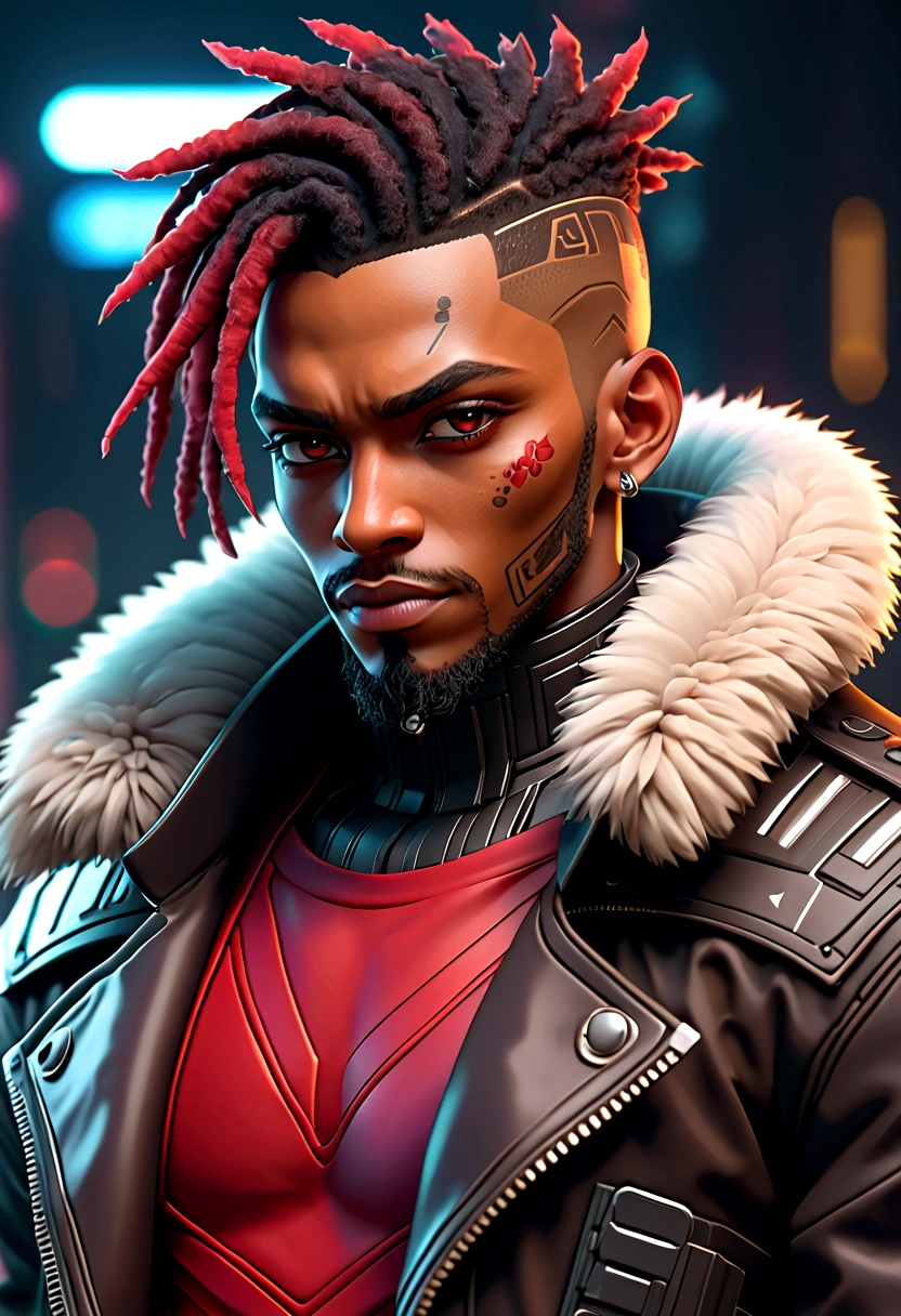 (Best quality, masterpiece, anime style, full of details), 1male, official anime art illustration, African American Male with dark brown eyes, a cartoon of a man with a mask on his face, ((red)) baggy eyes  black and red dreadlocks, he wearing a red shirt and leather cyberpunk jacket with fur collar, semi-realistic cyberpunk style, portrait of a cyberpunk man, cyberpunk art ultrarealistic 8k, cyberpunk style ， hyperrealistic, cyberpunk character, trendin on artstation, cinematic full character, trending on artstation 4k, portrait of a cyberpunk cyborg, cinematic realistic portrait, cyberpunk hero perfectly photorealistic, incredibly detailed, 8k, UHD, masterpiece, best quality, ultra detailed, intricate,