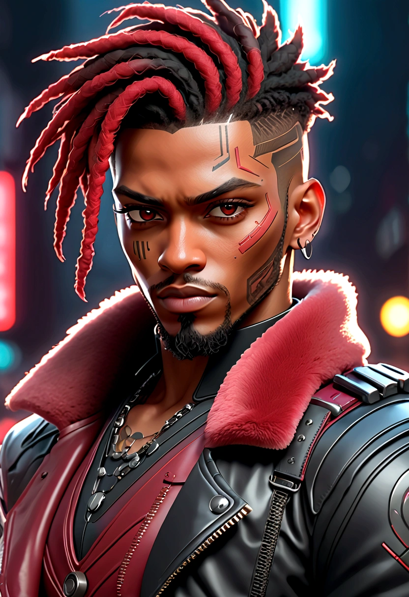 (Best quality, masterpiece, anime style, full of details), 1male, official anime art illustration, African American Male with dark brown eyes, a cartoon of a man with a mask on his face, ((red)) baggy eyes  black and red dreadlocks, he wearing a red shirt and leather cyberpunk jacket with fur collar, semi-realistic cyberpunk style, portrait of a cyberpunk man, cyberpunk art ultrarealistic 8k, cyberpunk style ， hyperrealistic, cyberpunk character, trendin on artstation, cinematic full character, trending on artstation 4k, portrait of a cyberpunk cyborg, cinematic realistic portrait, cyberpunk hero perfectly photorealistic, incredibly detailed, 8k, UHD, masterpiece, best quality, ultra detailed, intricate,