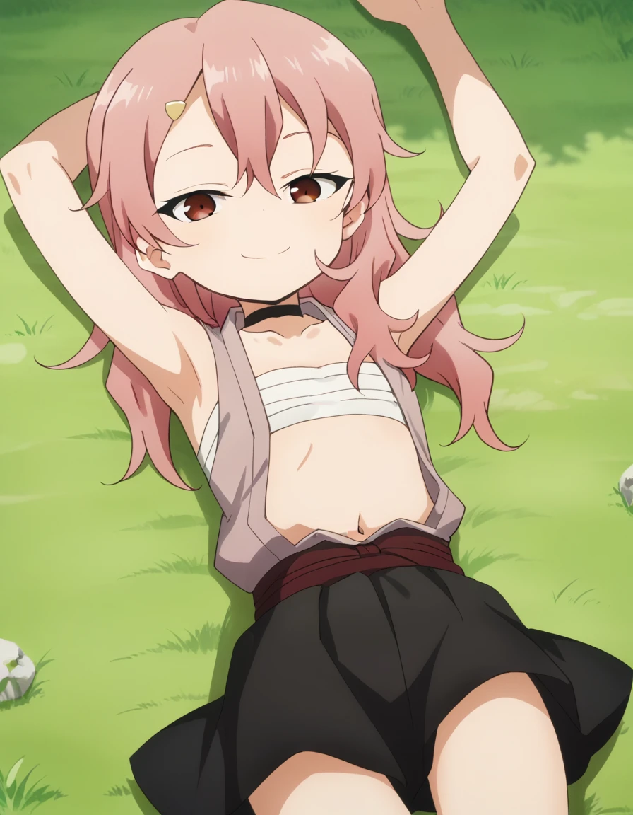 benisumomo, anime coloring ,BREAK source_anime, anime, long hair, hair ornament, red eyes, navel, pink hair, japanese clothes, choker, hairclip, flat chest, black choker, sarashi, chest sarashi, black skirt, high quality, solo, lying, on back, arms up, spread arms, closed mouth, on grass, cowboy shot, looking at viewer, smile, best quality