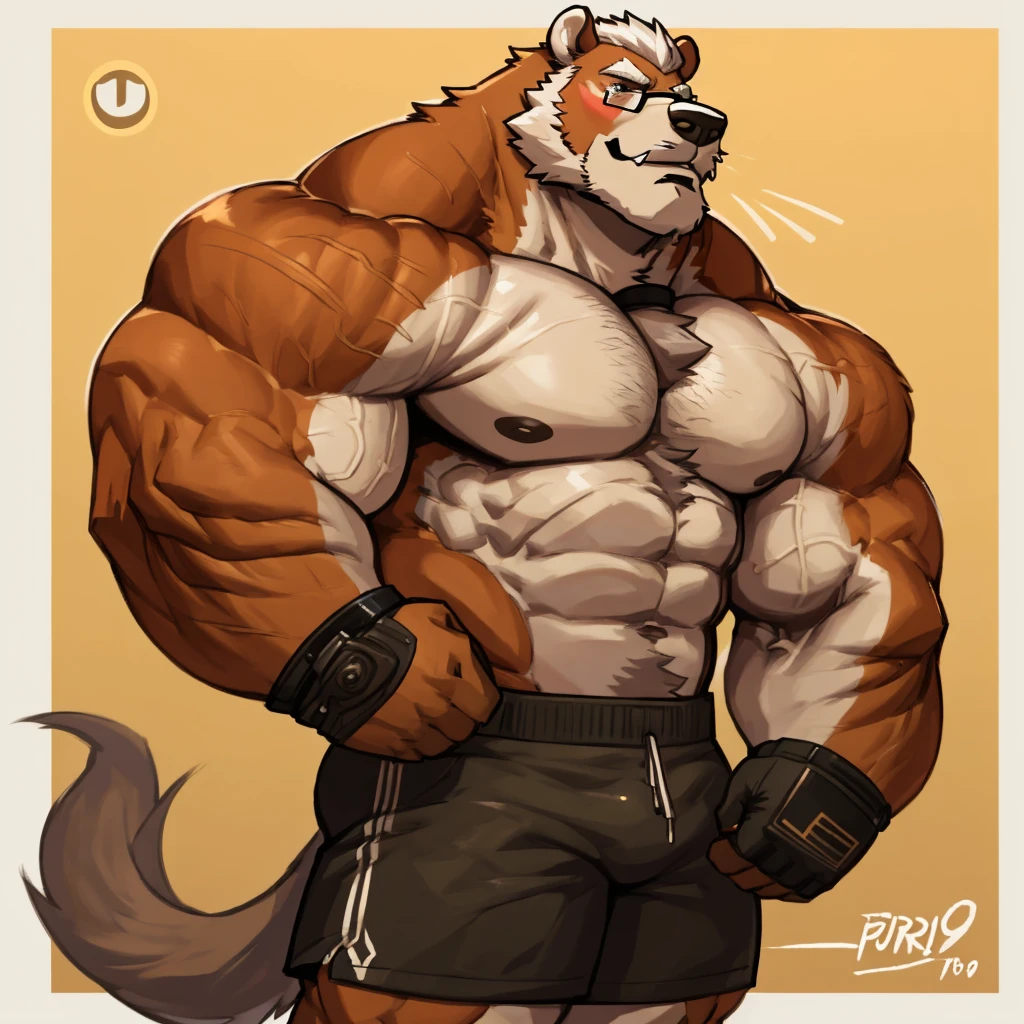 solo, 1boy, Huge Muscular Old Grizzly Bear wearing glasses , pectoral, huge pectoral, wide pectoral, short white hair, short pants black wristbands and shirtless topless, bearded, Mustache, muscle beach background, frontside,
masterpiece, high detailed, 8k, high resolution, at the gym working out his chests on the cable crossover UF-T009 - UpForm machine carrying over 100lbs and 45kgs of weight equipments as pushing up to the limits