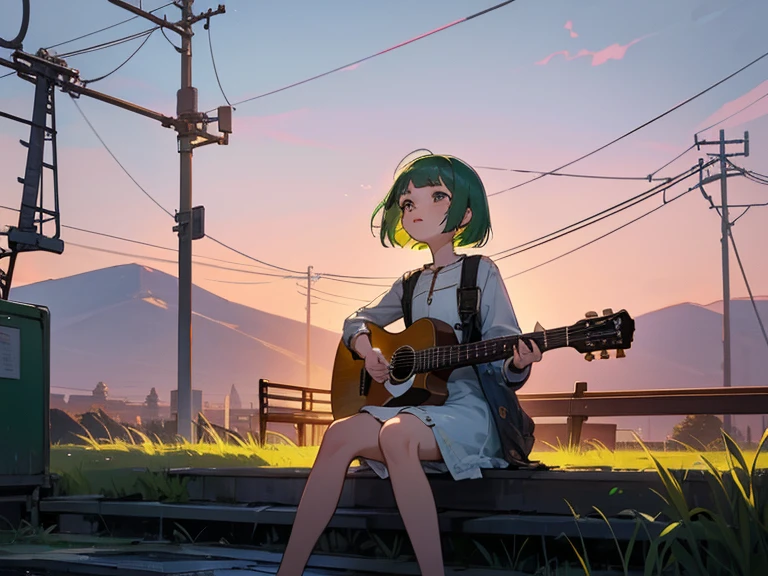 Sunset serenade on deserted platform,Focus on landscape,landscape painting,A girl with short green hair and M-shaped bangs，Wearing a short white dress，Denim jacket with affectionate and sad expression, Girl looking up to the sky while playing guitar,masterpiece of girl playing guitar,best quality,high resolution,extra limbs,Missing limbs,extra digits,Fewer numbers,Missing numbers,Missing fingers,Fusion of fingers,Deformed hands and fingers sitting on a bench by the roadside playing acoustic guitar