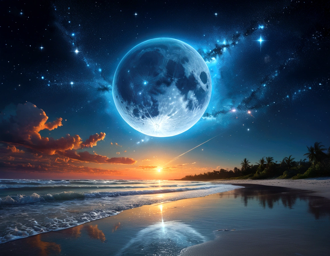 art by Phil Koch, Meghan Howland blue moon Digital ral-epochelves Illustration of a summer scape sunset luminism, The night sky comes alive with an eye that seems to hypnotize you, surrounded by a web of stars, nebulae and cosmic dust. Beneath this cosmic display, depict a tranquil beach with the surface of the ocean is sparkling, lush and symmetrically reflects the sparkling nebulae and luminous astral bodies dot. Realism complex background, dynamic lighting, digital painting, highly detailed intricated