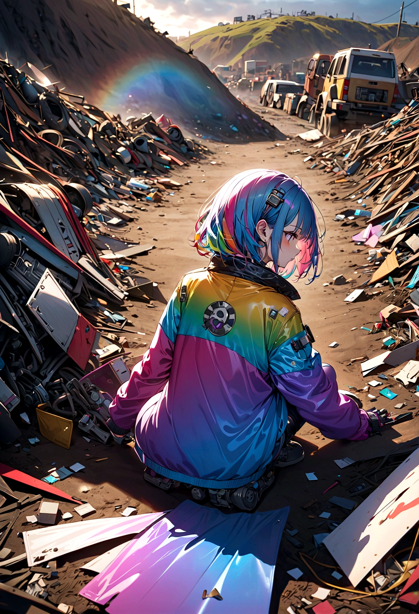 A dilapidated girl robot in a landfill, (Back View), damaged body, scars and holes,Crawling on the ground, 8K, (dynamic perspective), clear focus, (depth of field, shot: 1.3), super punk scene, movie lighting, reflective transparent rainbow opaque jacket, transparent long rainbow RGB hair, (masterpiece, best quality), from above,