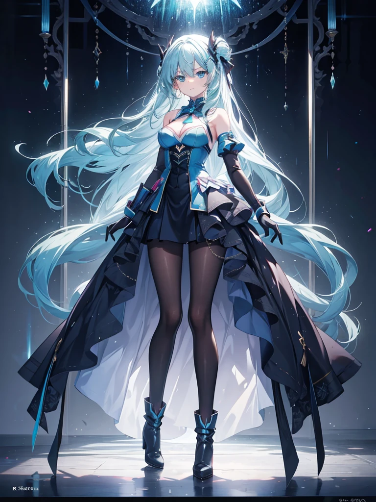 teenager,glamor,long hair,straight_hair,aqua eyes,bright_pupils,medium breasts,cleavage,slender_waist,ankle_boots,elbow_gloves,1girl,white_pantyhose,