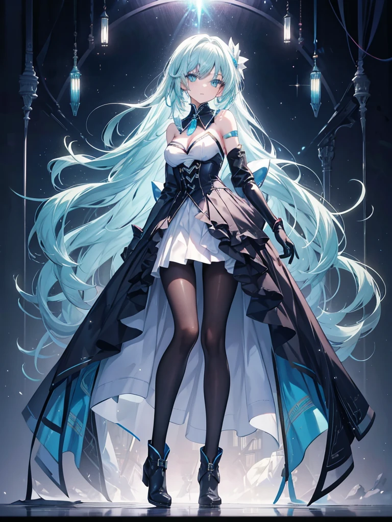 teenager,glamor,long hair,straight_hair,aqua eyes,bright_pupils,medium breasts,cleavage,slender_waist,ankle_boots,elbow_gloves,1girl,white_pantyhose,