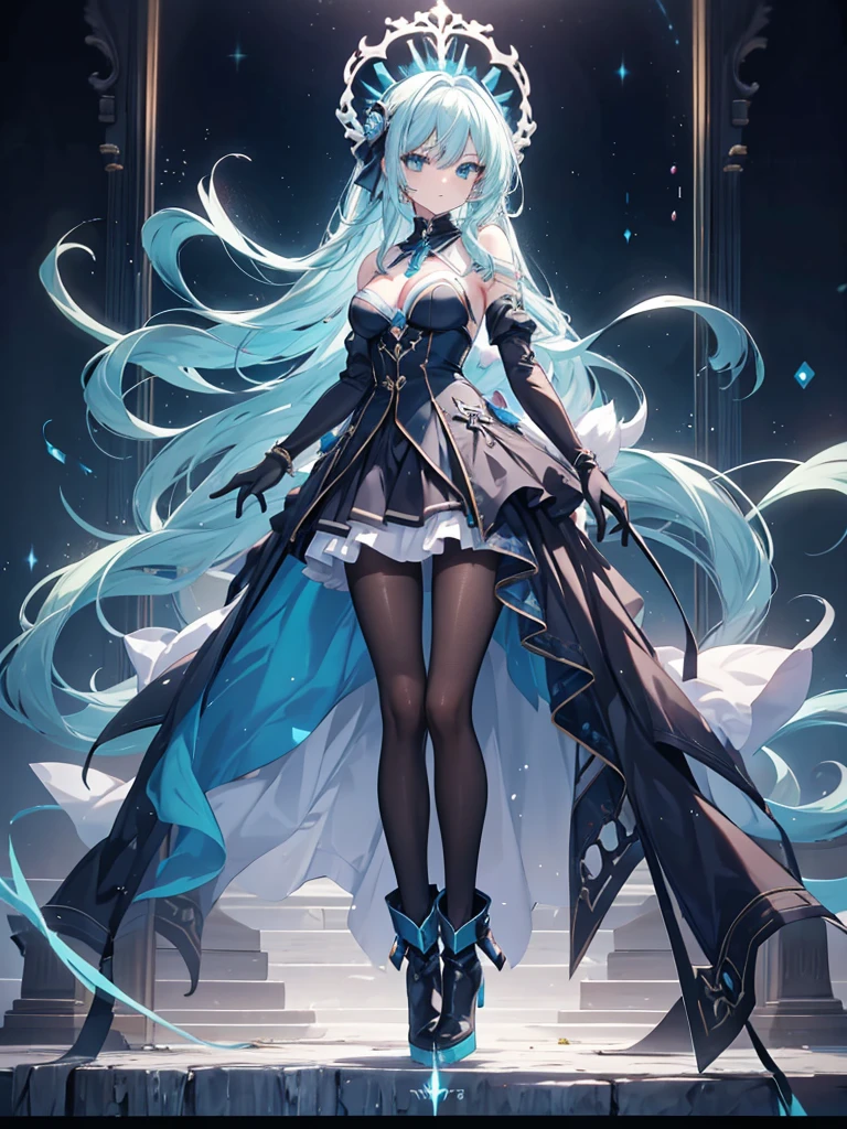 teenager,glamor,long hair,straight_hair,aqua eyes,bright_pupils,medium breasts,cleavage,slender_waist,ankle_boots,elbow_gloves,1girl,white_pantyhose,