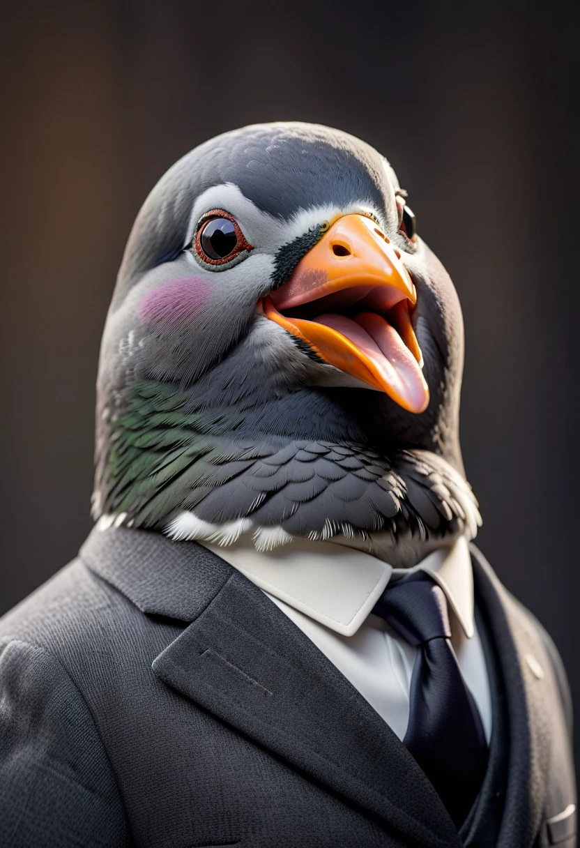 face close up photo of anthropomorphic fat pigeon,(beak), dressed in a dark gray suit, (sticking out tongue:1.5),(happy smile:1.5),(playful:1.2), soft lighting, Cinematic, hdr, primitive, Intricate, High quality, smoothing tones, Intricate details, Low contrast,(viewed from side:2.0), (looking at viewer:1.5), simple background