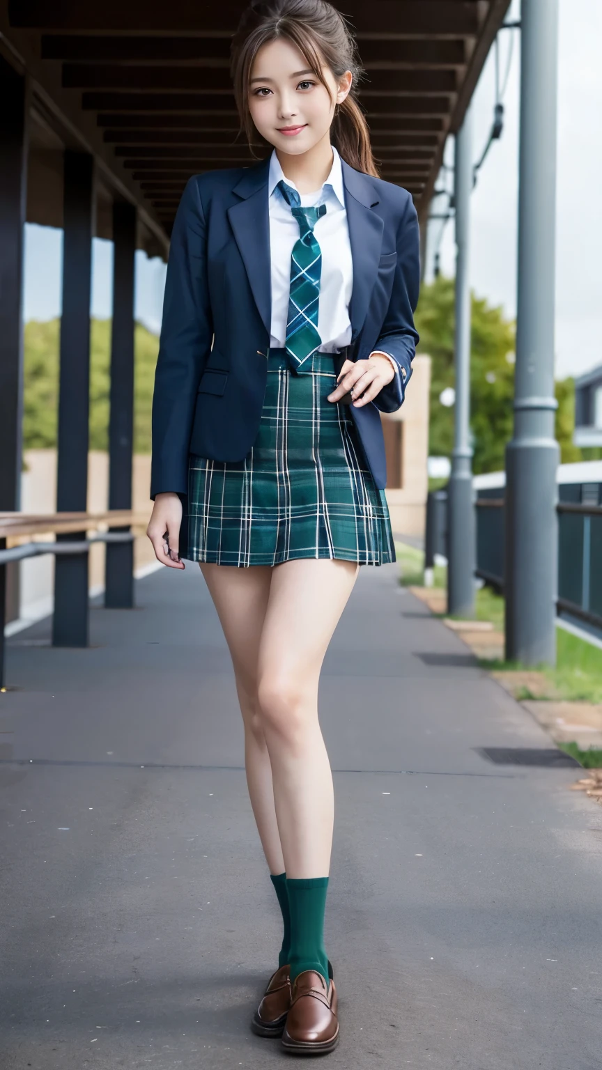 masterpiece、highest quality、High resolution、Realistic、Bright lighting、Professional Lighting、Face Light、Smooth lighting、Cute school girl、Cute uniform girl、A 16-year-old beautiful girl with a sexy and cute expression, 美しい and sexy face、、Dark blue blazer with emblem on left chest、Sheer white blouse、Dark green casual tie、Dark green and dark navy tartan check mini skirt、Dark navy blue socks、Brown leather shoes、Brown Loafers、Brown medium hair、so beautiful、Beautiful Skin、Beautiful and exquisite、Detailed face、Brown eyes、Beautiful feet、Station platform、smile、Full Body Shot、Nice ass、Beautiful thighs、Clean calves、View Viewer、ponytail、