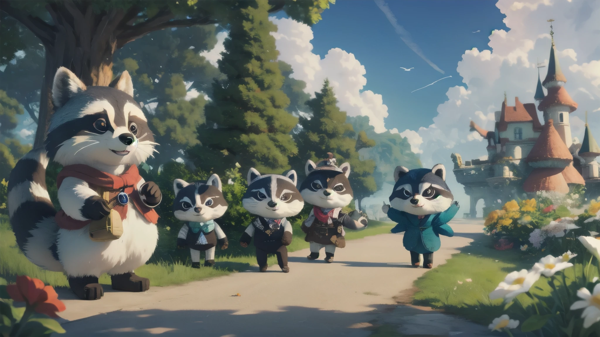 Surrealism、dream-like、 Cute raccoon、Fantasy creatures