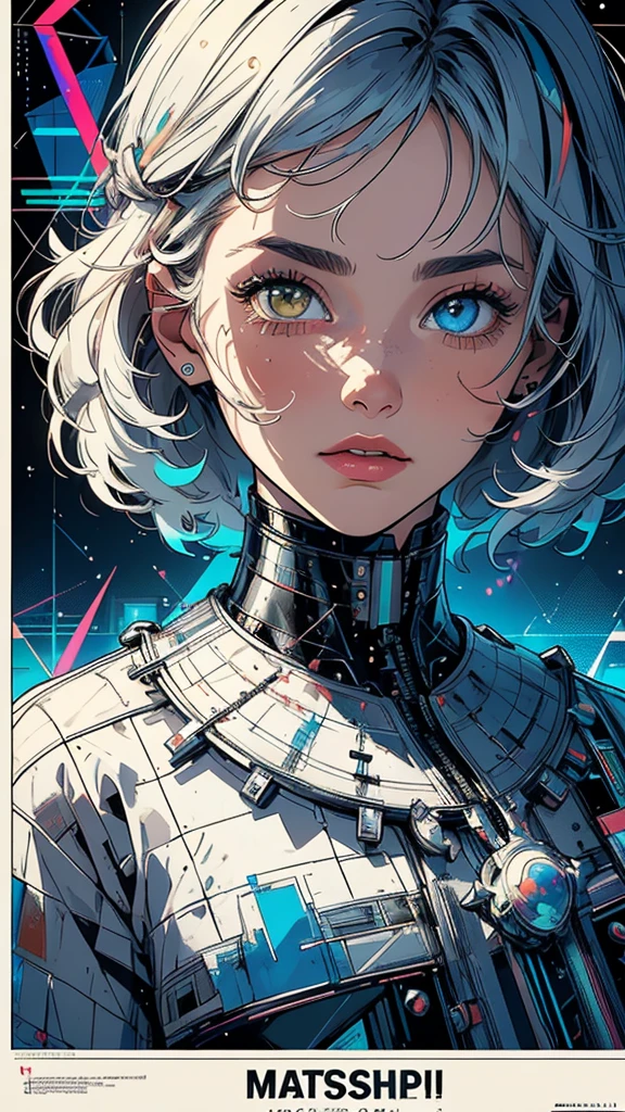 (((masterpiece, highest quality))),(((solo:1.2))),(((1girl:1.2))),32k wallpaper, very detailed, poster, vintage science fiction, 1960s,(((((geometric cinematic movie poster))))), (bauhaus), shape,(((abstract))), mid century modern, movie poster, vintage, Perfect Lady,1970's, halftone, speech bubble,(((portfolio,Close-up))),(((various angle))),(((bust up))),((highlight)),Vast landscape,((((heterochromia)))),(((complete. detailed face))),(((Extremely talented))),(((most complecated machine)))