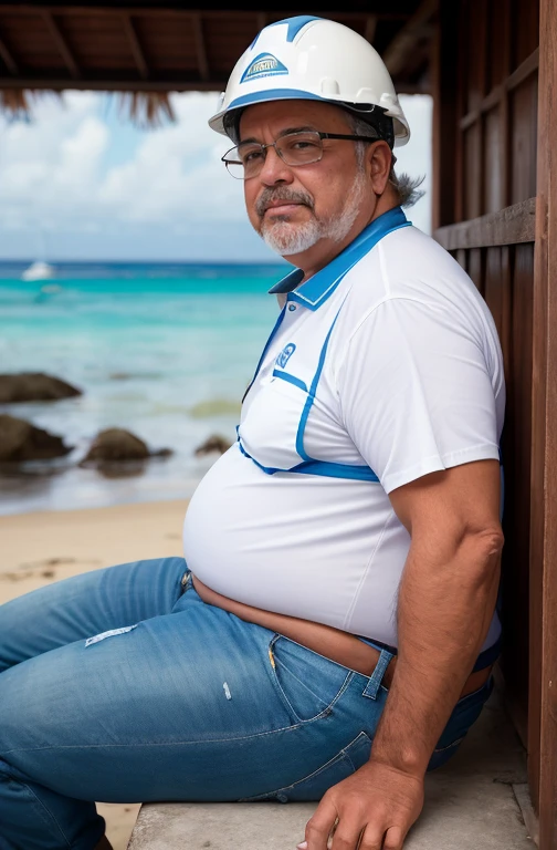 Sentado na cadeira de praia, photo shoot in a professional studio , Idoso brasileiro moreno de 67 anos, barba longa, a gray well, Gordo, gordinho, coxas extremamente grossas, barriga grande, wearing only gray or blue or black or white or red swimming trunks. Ele nao'I don't wear clothes. He's gesturing with his hands. He is sitting in the luxurious armchair. He holds a cell phone in his hand. He wears a gold watch on his wrist. He wears several Nordic bracelets on his wrist.. He wears a Nordic chain around his neck or a gold chain around his neck. wearing sunglasses. wearing hat, wearing cap.