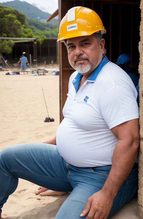 ((Sitting on the floor resting, (Conversando ao celular), Deitado na grama)), He is running on the beach, plump, chubby, extremely thick thighs, large belly, wearing only green swim trunks. He doesn't wear a shirt.muito barbudo. 56 anos.apana 1 umbigo. Barriga detalhada. Segurando vara de pesca. Ele veste colete de pescador. wearing cap. Homem barbudo gordo e sexy de 50 anos,cheio de suor,corpo todo,barriga grande, barba branca, fios brancos,((Wearing a white shirt and blue jeans engineer helmet)),rosto atordoado,Abra as pernas,in the background a building under construction and machines for building construction, vista de baixo, luta livre, uniforme de engenheiro, construtor. Api. detalhado, gesticulando para o expectador fotografia de Corpo completo imagem de corpo inteiro.