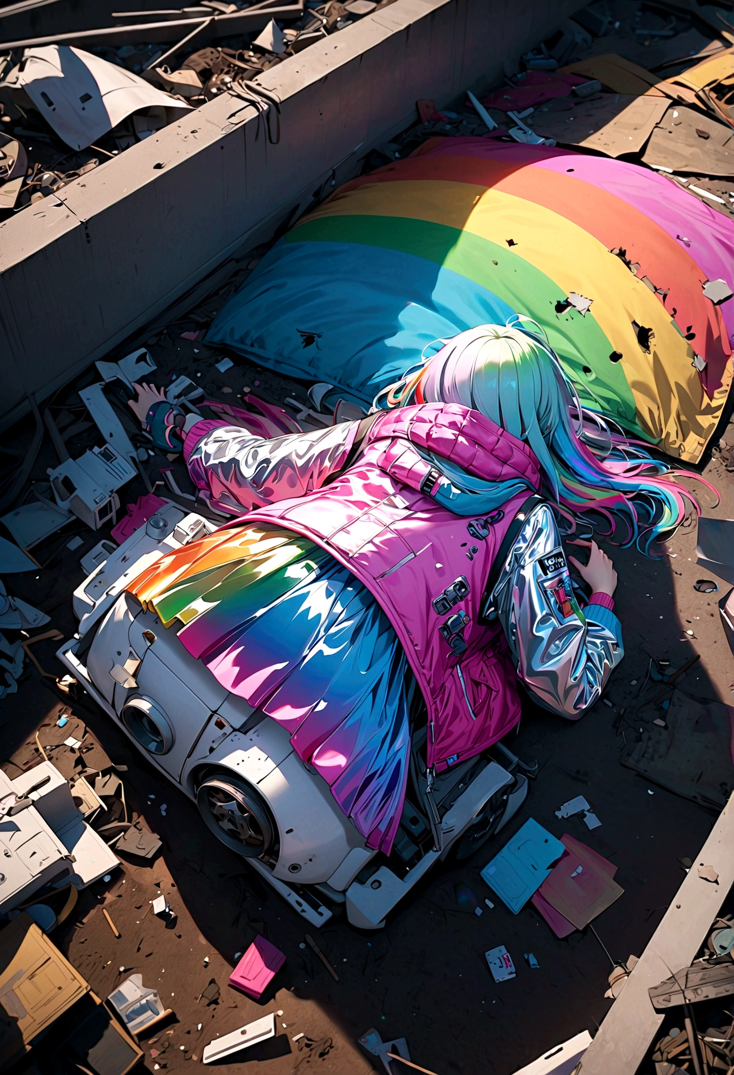 A dilapidated girl robot in a landfill, (Back View), damaged body, scars and holes, lying on the ground, 8K, (dynamic perspective), clear focus, (depth of field, shot: 1.3), super punk scene, movie lighting, reflective transparent rainbow transparent jacket, transparent long rainbow RGB hair, (masterpiece, best quality), from above,