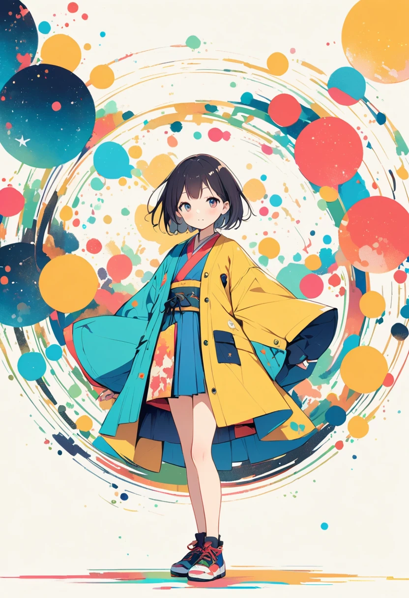 Watase Seizo style, Standing in front of a high wall,Simple line initials,Abstract art,Galactic Universe Background, Japanese fan, girl.