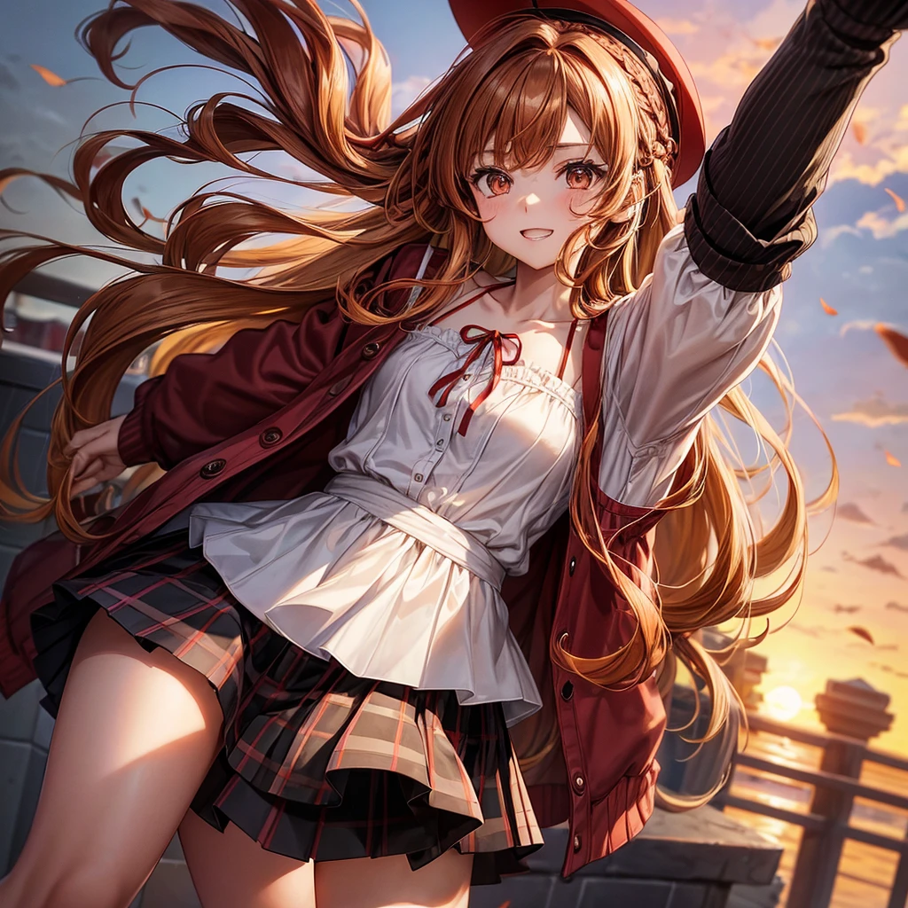 Red, brown, golden hair、Golden Eyes、Braid、One good looking girl、solo、anime、Checkered mini skirt、Ruffles on the skirt、camisole、camisole、Lightweight cardigan、Black knee-high socks、Wearing a baseball cap、Wearing a ribbon、Ribbon on waist、Tilting face、Teeth are visible、Sunset sky、There's a hole in the clouds、Contrail、Cumulonimbus、Silver coin necklace、shine、From above、bell、torii、clock tower、Desert Oasis、water is gushing out、Sparks are flying、High five