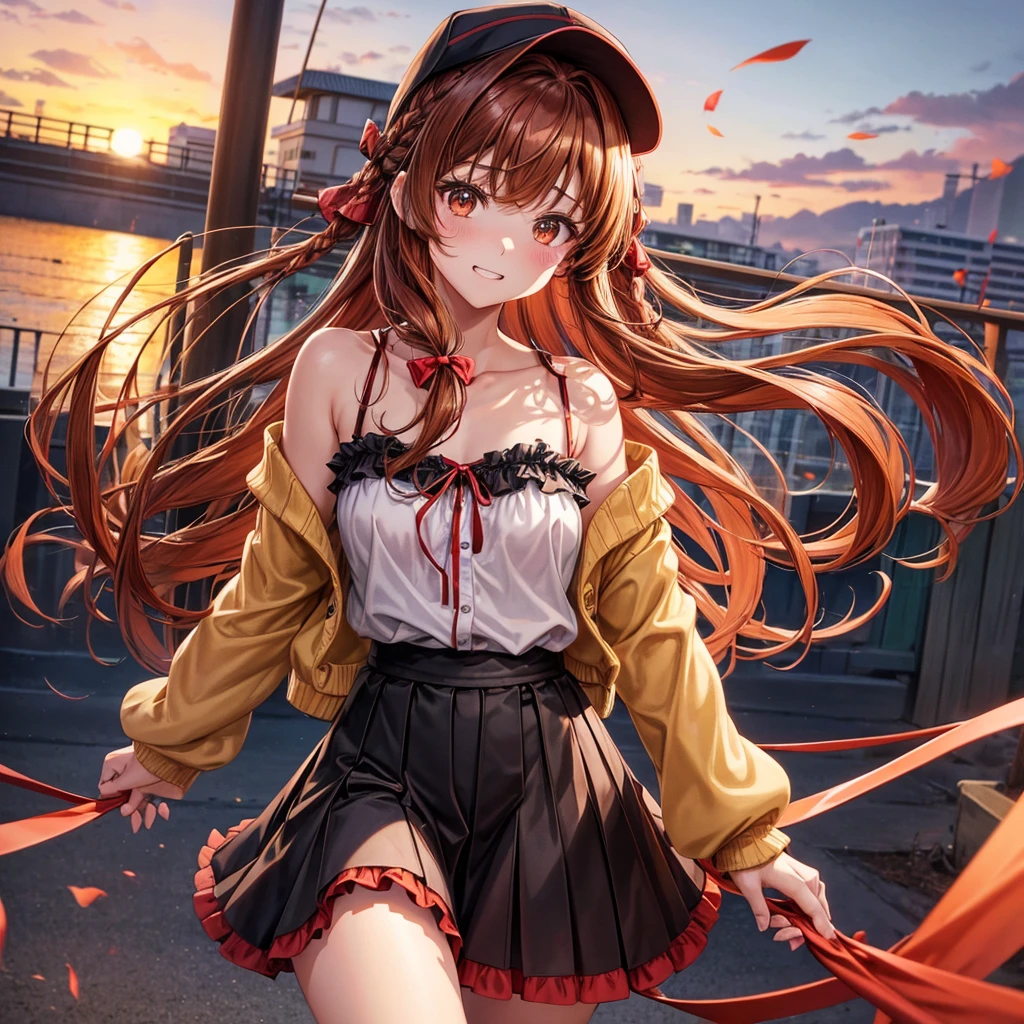 Red, brown, golden hair、Golden Eyes、Braid、One good looking girl、solo、anime、Checkered mini skirt、Ruffles on the skirt、camisole、camisole、Lightweight cardigan、Black knee-high socks、Wearing a baseball cap、Wearing a ribbon、Ribbon on waist、Tilting face、Teeth are visible、Sunset sky、There's a hole in the clouds、Contrail、Cumulonimbus、Silver coin necklace、shine、From above、bell、torii、clock tower、Desert Oasis、water is gushing out、Sparks are flying、High five