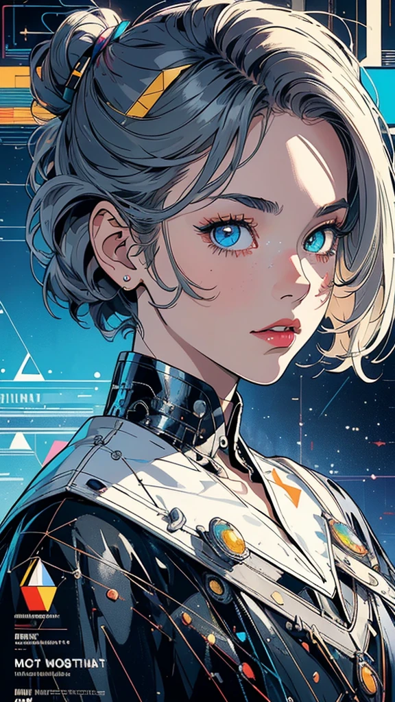(((masterpiece, highest quality))),(((solo:1.2))),(((1girl:1.2))),32k wallpaper, very detailed, poster, vintage science fiction, 1960s,(((((geometric cinematic movie poster))))), (bauhaus), shape,(((abstract))), mid century modern, movie poster, vintage, Perfect Lady,1970's, halftone, speech bubble,(((portfolio,Close-up))),(((various angle))),(((bust up))),((highlight)),Vast landscape,((((heterochromia)))),(((complete. detailed face))),(((Extremely talented))),(((most complecated machine)))