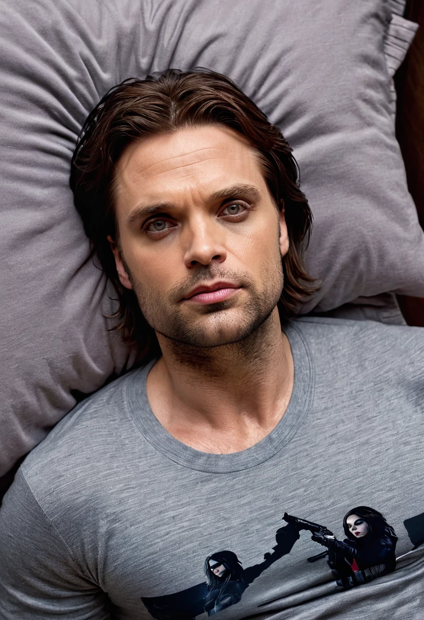 ( sebastian stan ) ( winter soldier) boca perfeita, olhos perfeitos, rosto detalhado, usando meias, usando pijama, sensual, deitado pela cama, lendo um livro, apenas luz do abajur , HD resolution, 4k 