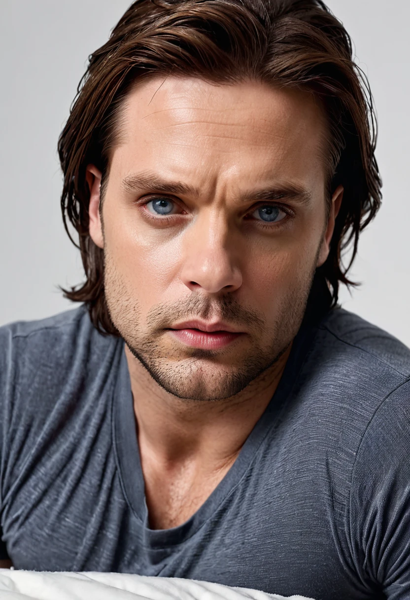 ( sebastian stan ) ( winter soldier) boca perfeita, olhos perfeitos, rosto detalhado, usando meias, usando pijama, sensual, deitado pela cama, lendo um livro, apenas luz do abajur , HD resolution, 4k 