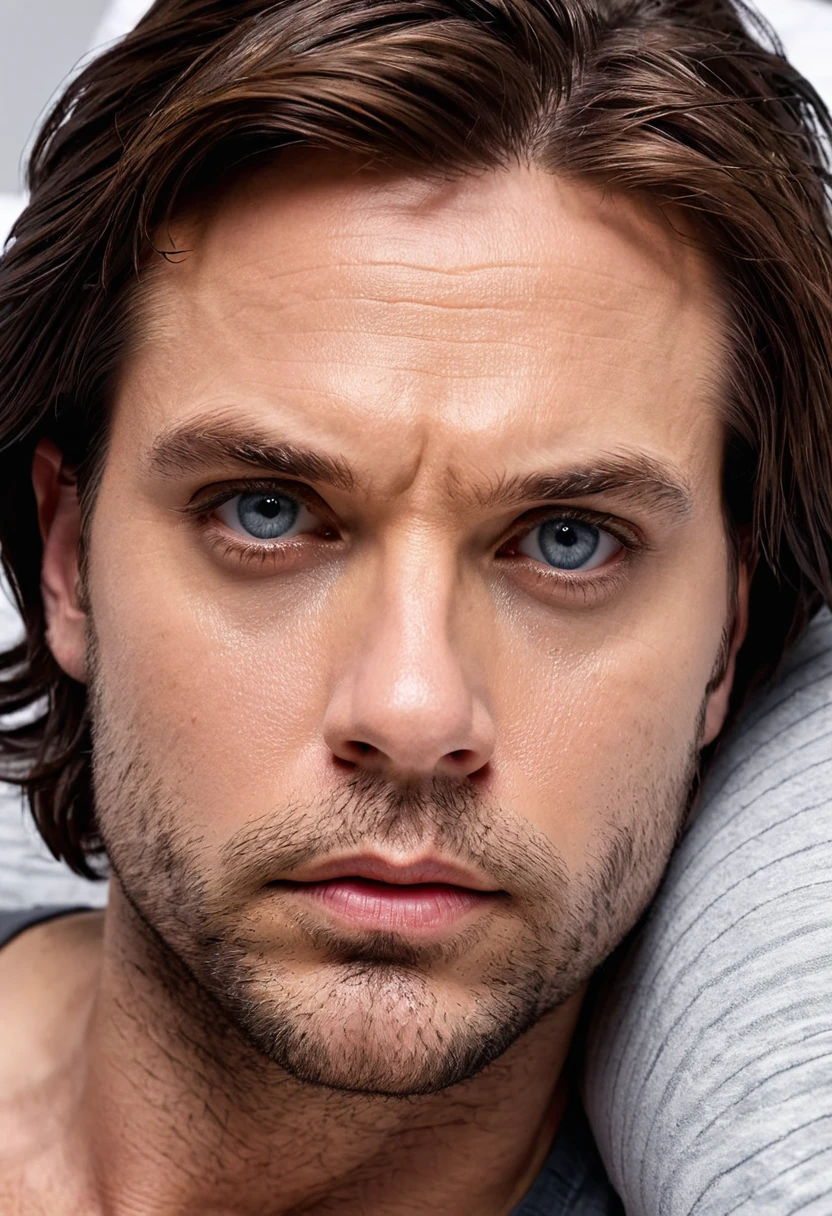 ( sebastian stan ) ( winter soldier) boca perfeita, olhos perfeitos, rosto detalhado, usando meias, usando pijama, sensual, deitado pela cama, lendo um livro, apenas luz do abajur , HD resolution, 4k 