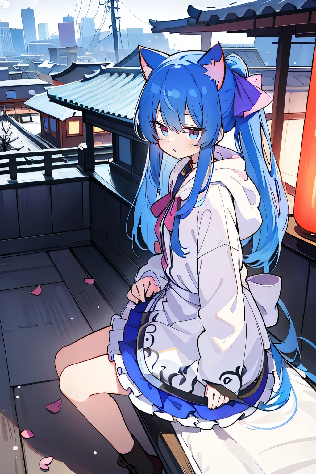 (masterpiece:1.2),Super detailed,lifelike,Expressive eyes,fair skin,perfect face shape,1 girl,
Japanese comics,Gorgeous blue hair,flowing blue hair,flowing clothes,Cat ears,Petals fall,beautiful lola,Baby Angel,
Cross your legs,Gentle and peaceful background,The pavilion is cool and comfortable,smile, wearing hoodie, background of tokyo,back views,snowing, winter.