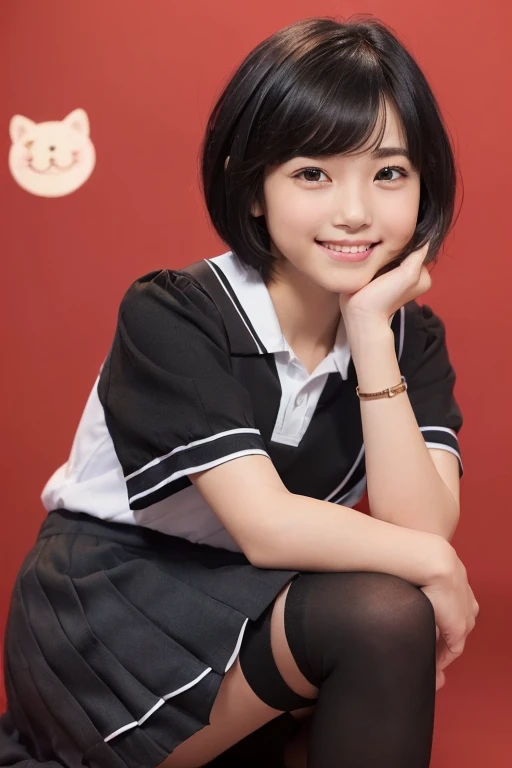 (8k、Raw photography、highest quality、masterpiece:1.2),(Black-haired、Very short hair:1.8),(:1.3)、View your audience,Viewed from the front,White skin,(middle School girls、school uniform:1.6)、(Tight waist:1.6)、(Clothes that accentuate the shape of the breasts:1.0)、(Small breasts :1.3)、Slim figure、Ultra-high resolution,beautiful,beautiful fece,(one person、No background:1.9),whole bodyボディー,Japanese women,(reality的:1.37)、Photon Mapping,reality、(Baby-faced and cute: 1.4)、(Cute Smile: 1.8)、(Round face: 1.8)、、Depth of field rally background、photograph, (I can see your knees、Thigh close-up:1.8),(:1.4),whole body、Great quality